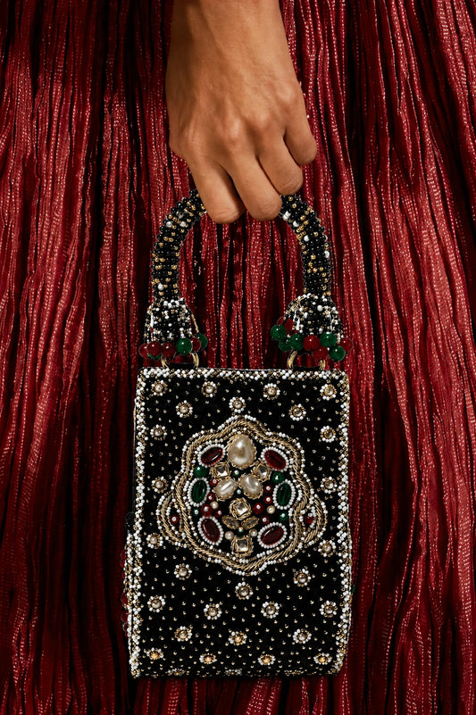 Black festive clutch bag for women with intricate handcrafted embellishments
