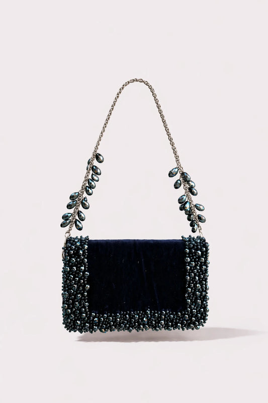 Charcoal blue shoulder bag for women with handcrafted embellishments