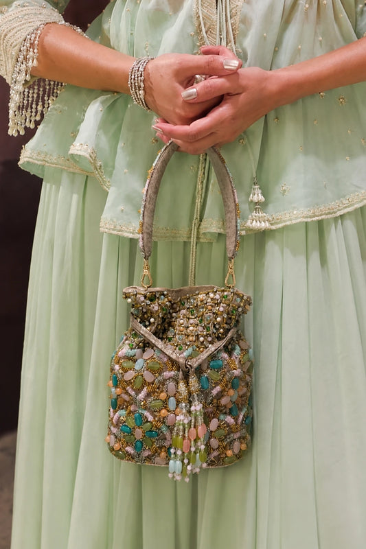 Colourful Mehendi potli bag with pastel beadwork and beaded tassels