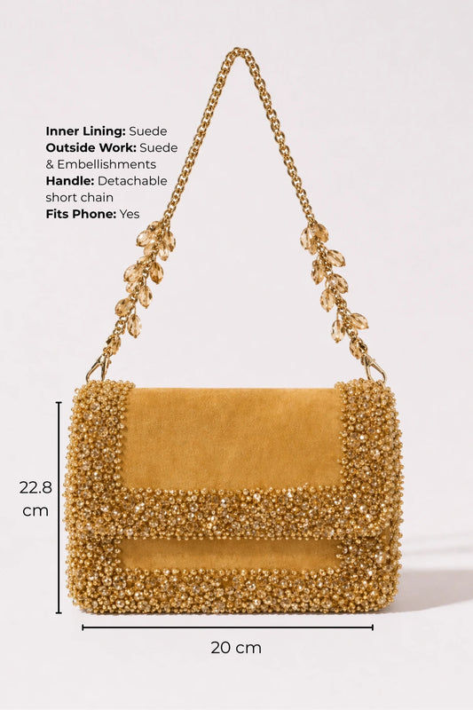 Golden shoulder bag for women for wedding and festive occasions