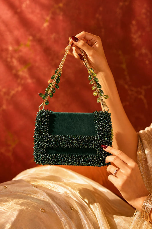 Green shoulder bag for women with handcrafted embellishments