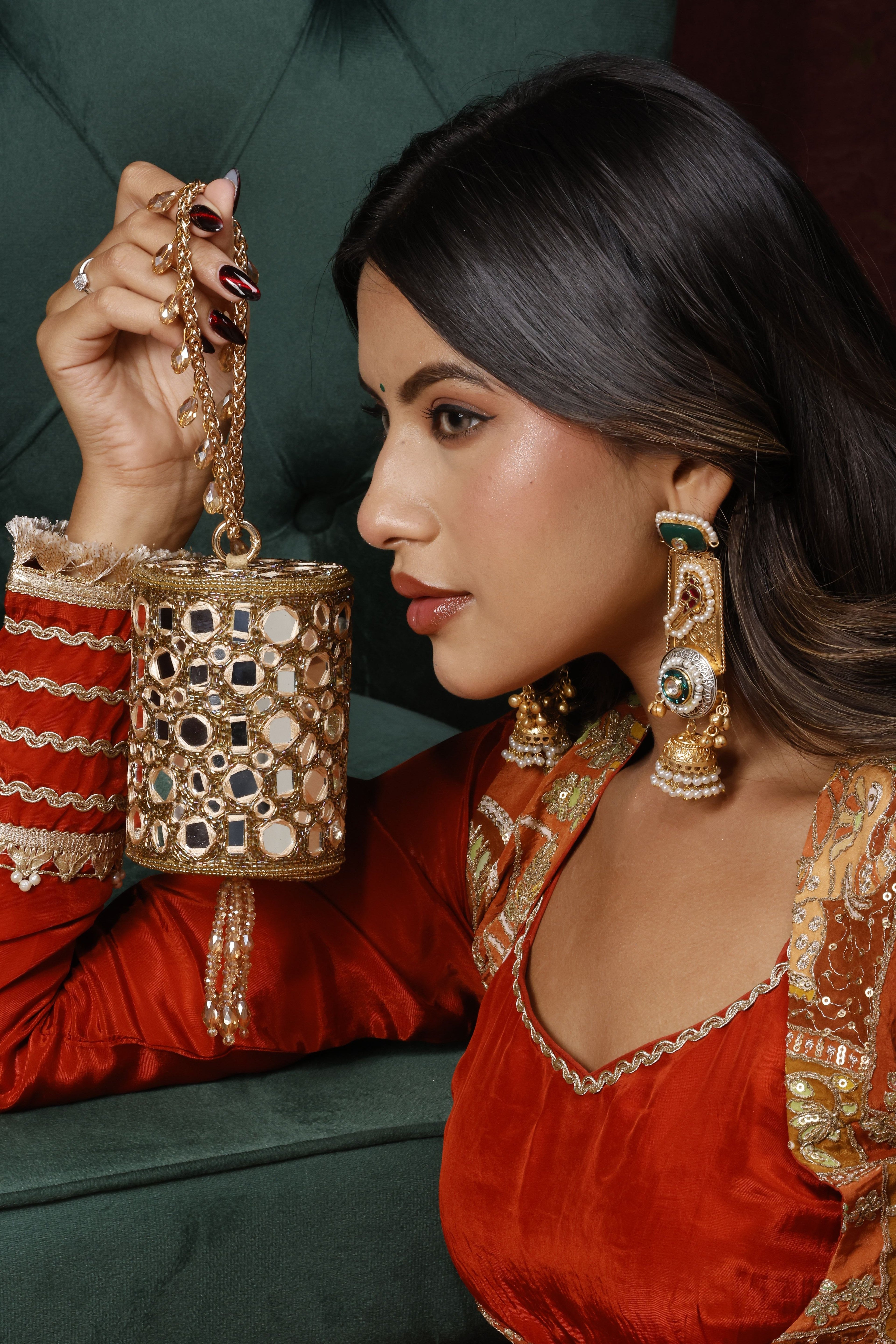 Sitara Golden Mini Cylindrical Mirror Bag