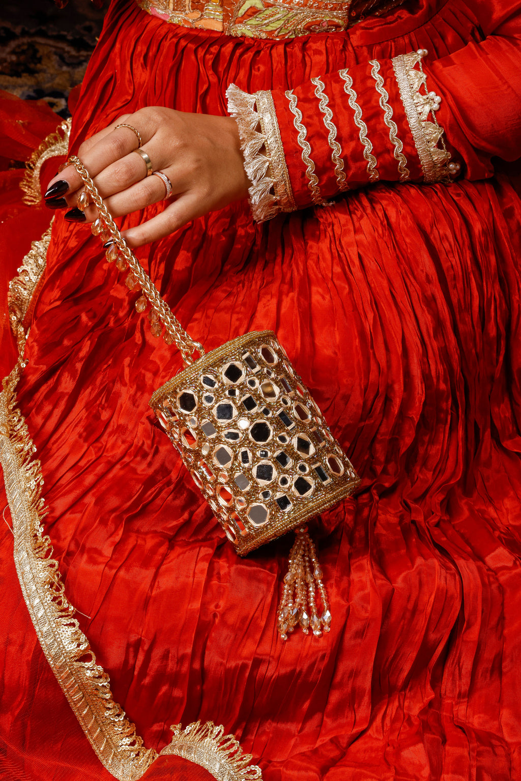 Sitara Golden Mini Cylindrical Mirror Bag