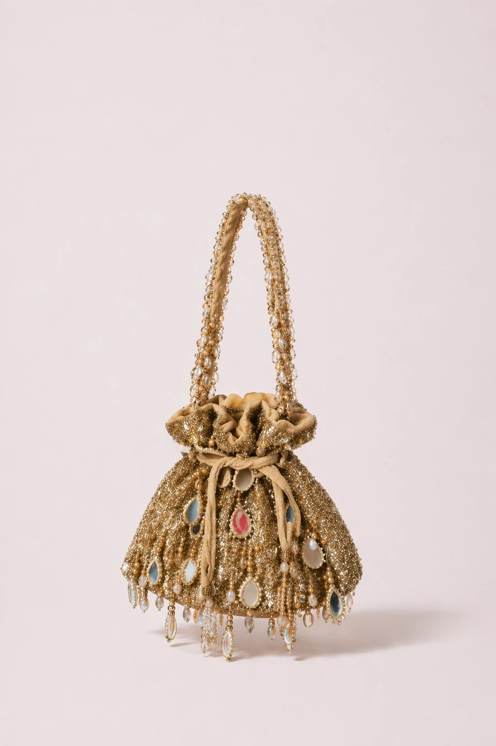 Aafreen Golden Potli Bag with handcrafted mirror and bead embroidery
