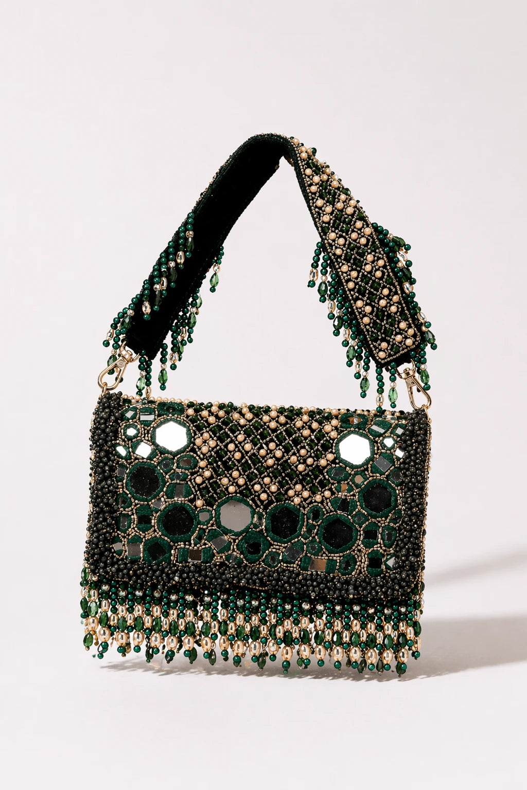 Aaina Green Shoulder Bag with handcrafted mirror work and bead embroidery

