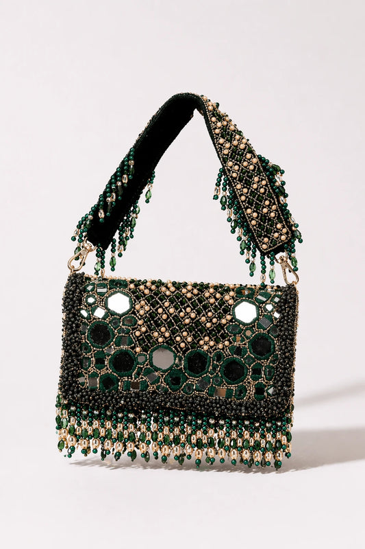 Aaina Green Shoulder Bag with handcrafted mirror work and bead embroidery
