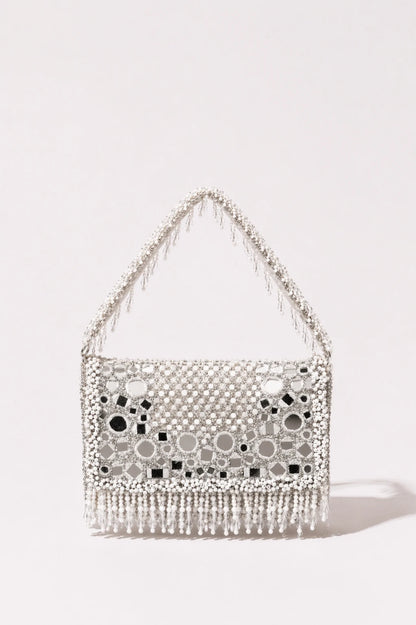 Aaina Silver Mirror Shoulder Bag with handcrafted mirror work and bead embroidery