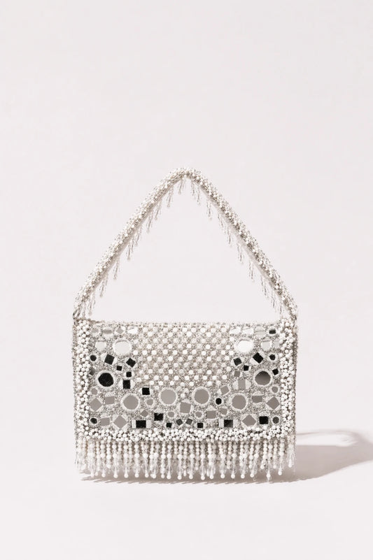 Aaina Silver Mirror Shoulder Bag with handcrafted mirror work and bead embroidery