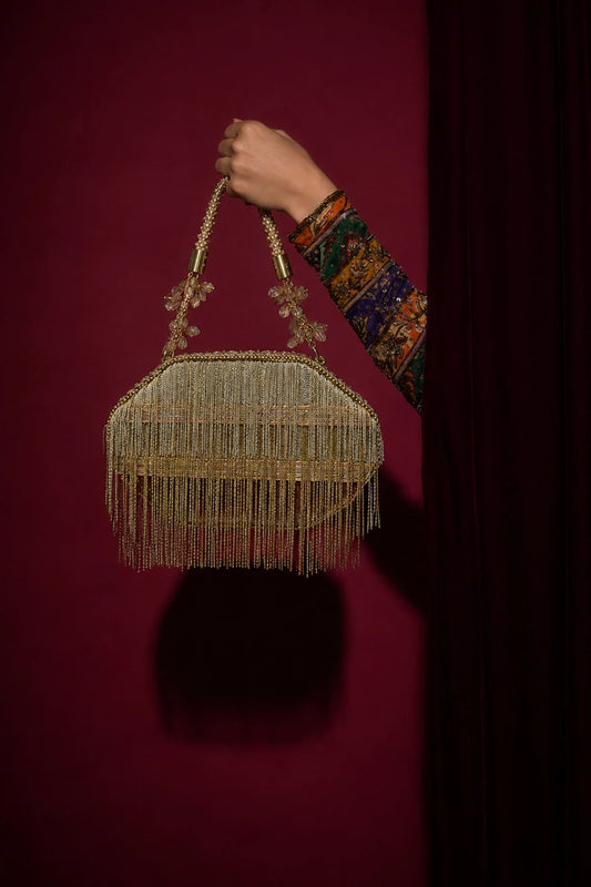 Adaa Golden Clutch with handcrafted gold-tone chain fringe