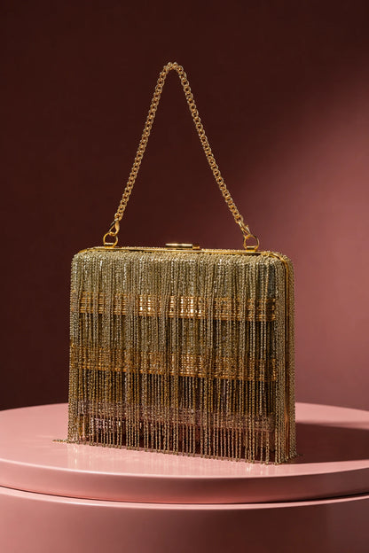 Adaa Mini Golden Bag with handcrafted gold and silver fringe detailing