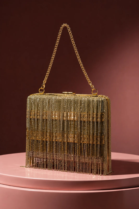 Adaa Mini Golden Bag with handcrafted gold and silver fringe detailing