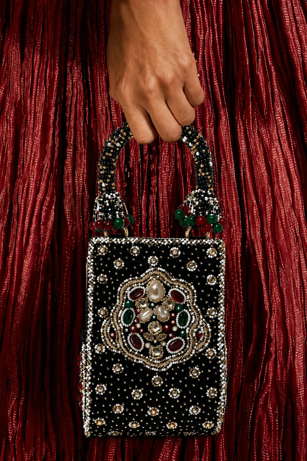 Black festive clutch bag for women with intricate handcrafted embellishments