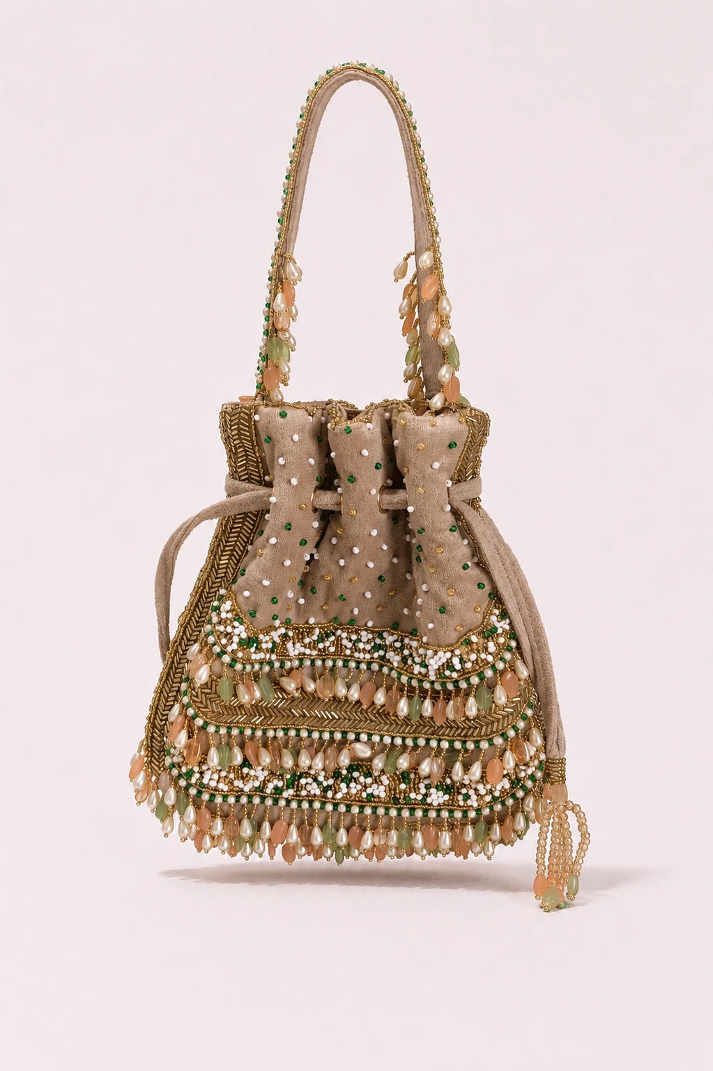 Bridal pearl potli bag with gemstone embellishments and beadwork
