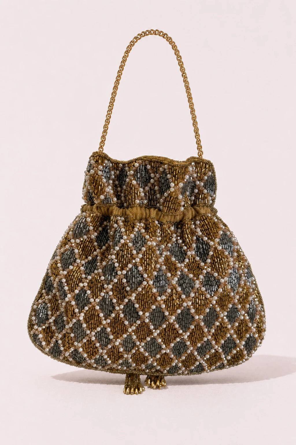 Bridal potli bag with handcrafted beadwork and pearl detailing