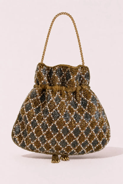 Bridal potli bag with handcrafted beadwork and pearl detailing