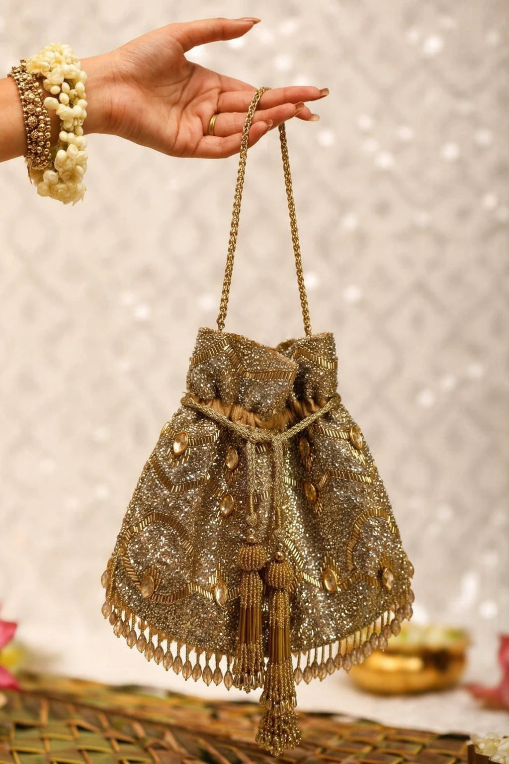 Bridal potli bag with sequins, beadwork and embellished tassel detailing
