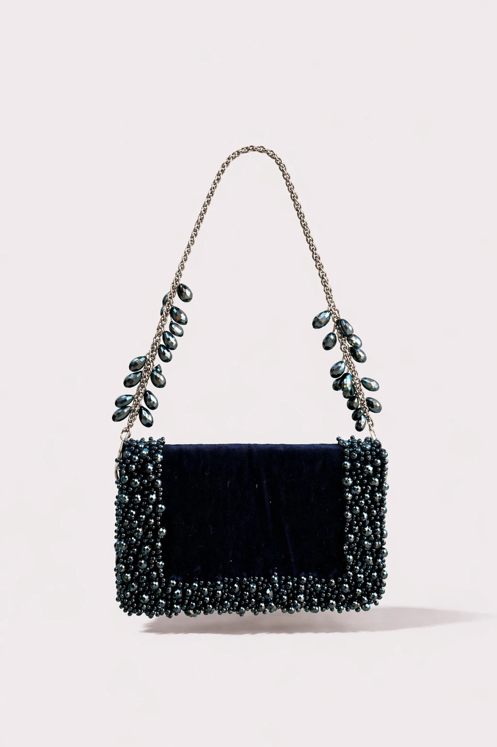 Charcoal blue shoulder bag for women with handcrafted embellishments