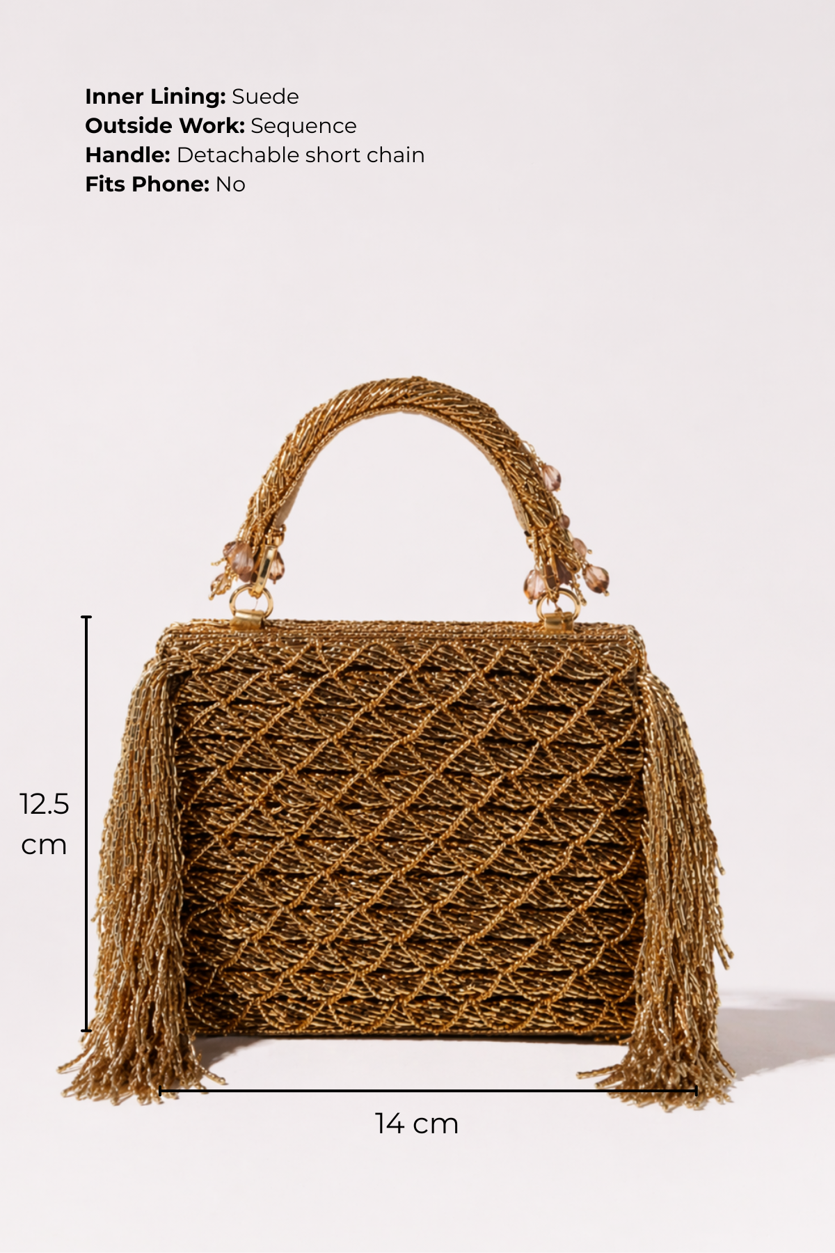 Clutch bag for women with fringe accents and metallic thread work