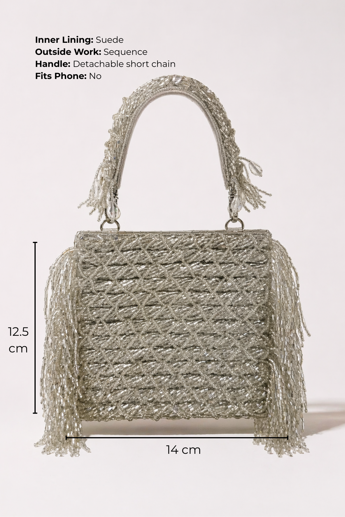 Clutch bag for women with metallic fringe detailing and structured silhouette