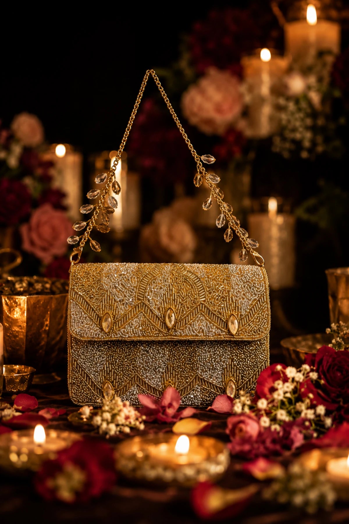 Golden shoulder bag with embellished crystal-detailed strap