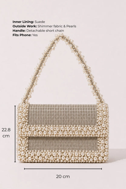 Designer denim shoulder bag for women with pearl accents