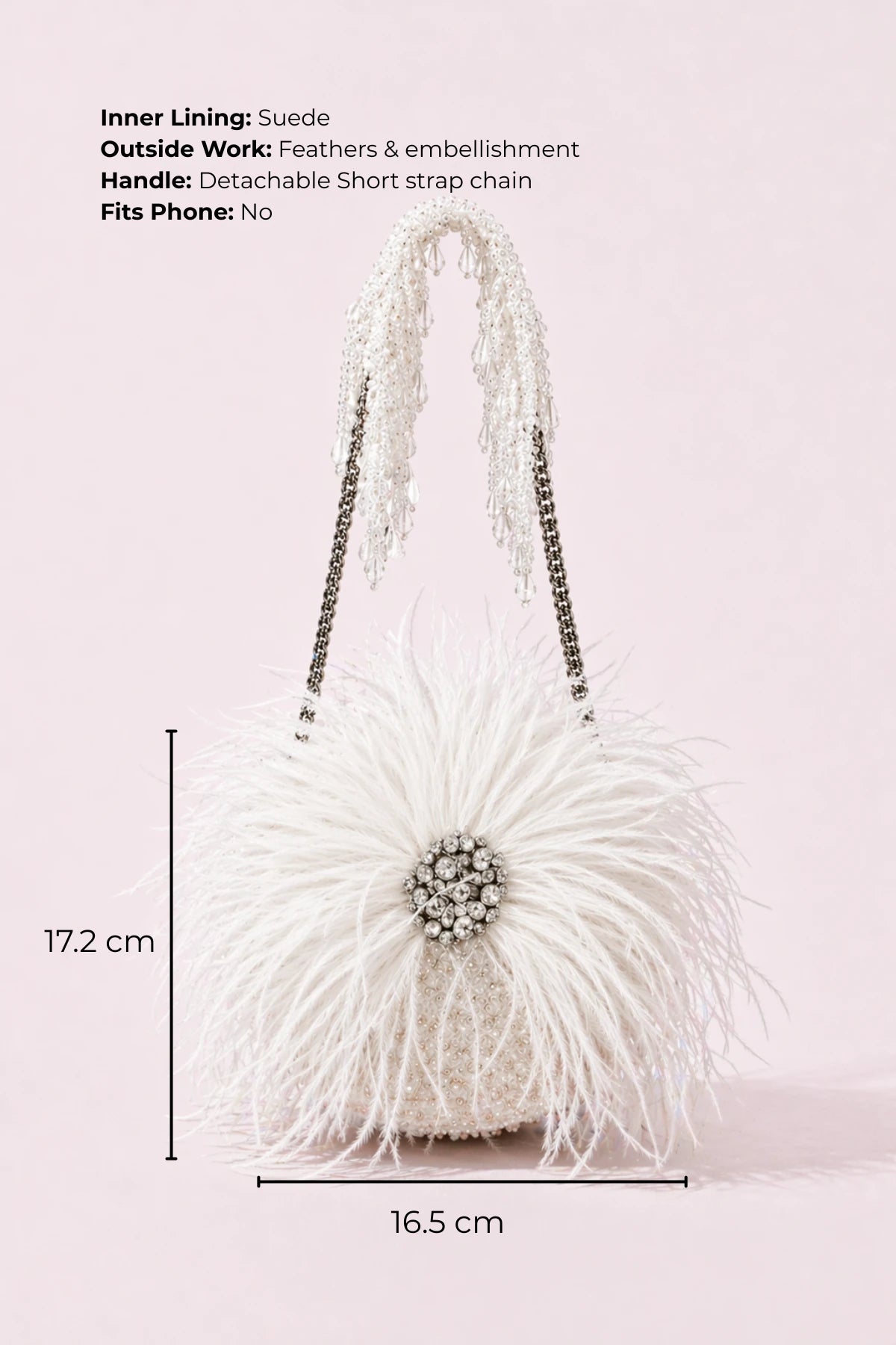 Designer feather round bag with handcrafted bead detailing
