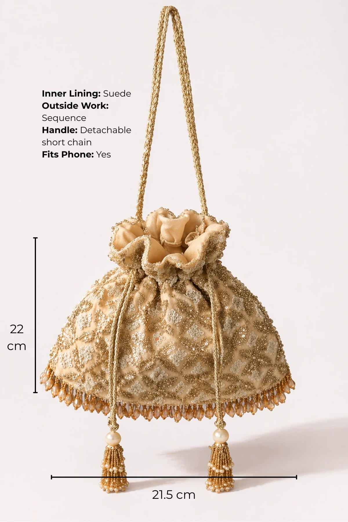 Designer golden potli bag with handcrafted embellishments