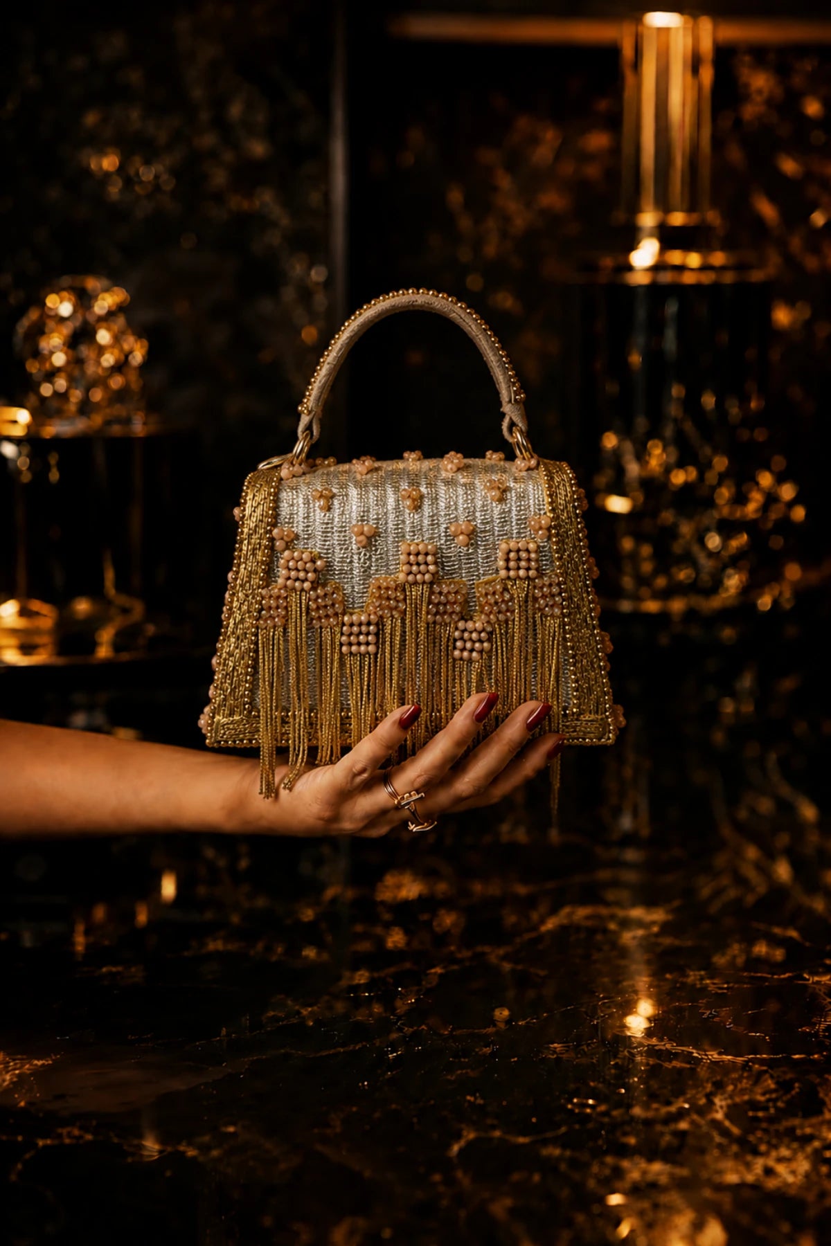 Designer Haldi mini bag with gold and silver embellishments