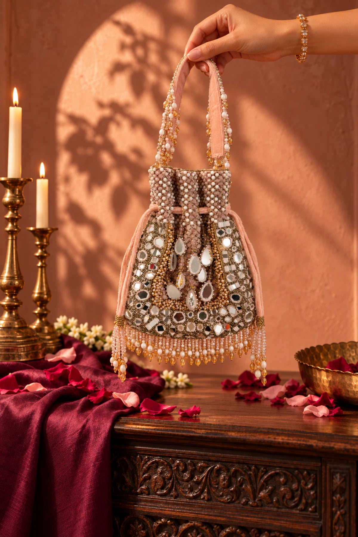 Elegant pink designer potli bag with traditional mirror embellishments, perfect for Diwali and festive celebrations.