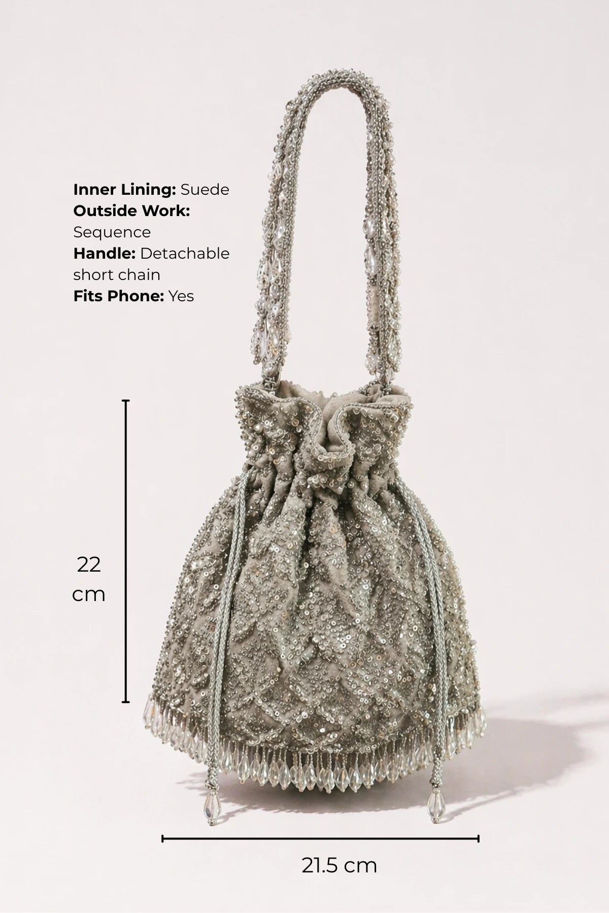 Designer silver potli bag with handcrafted sequin work