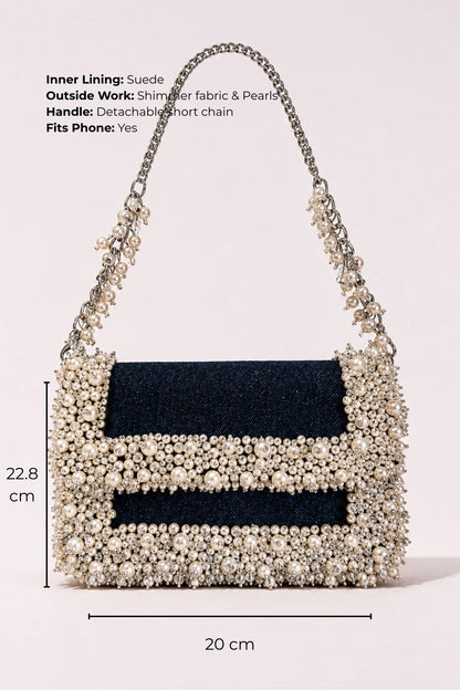 Designer shoulder bag with handcrafted pearl embellishments