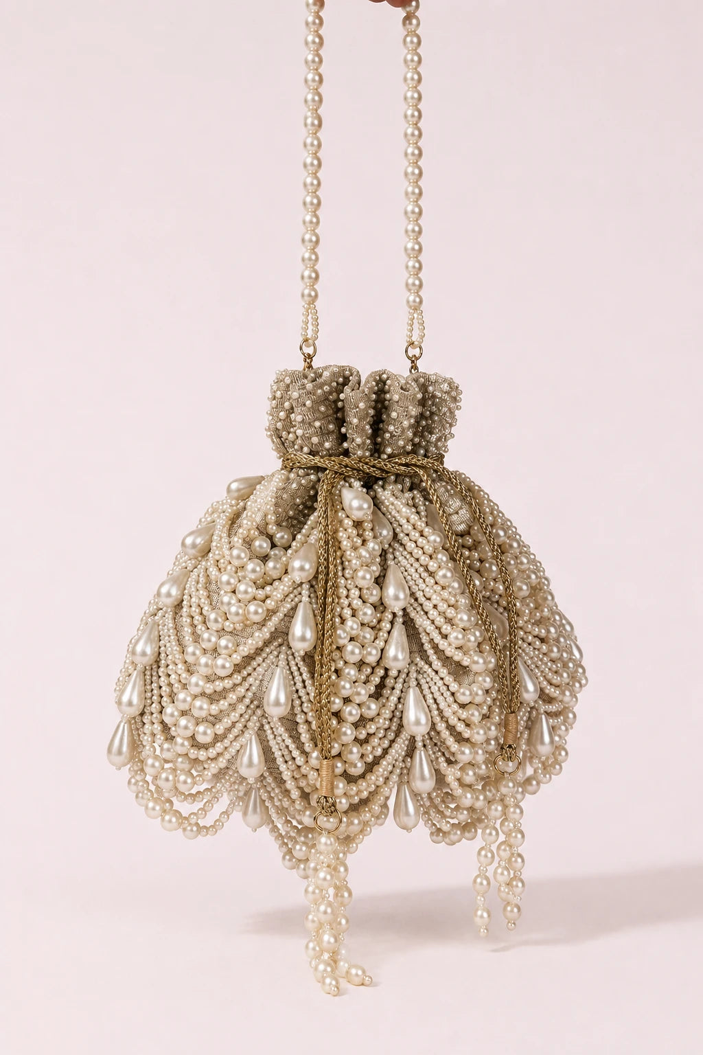 Dewdrop Pearl Potli Bag with cascading pearl embellishments