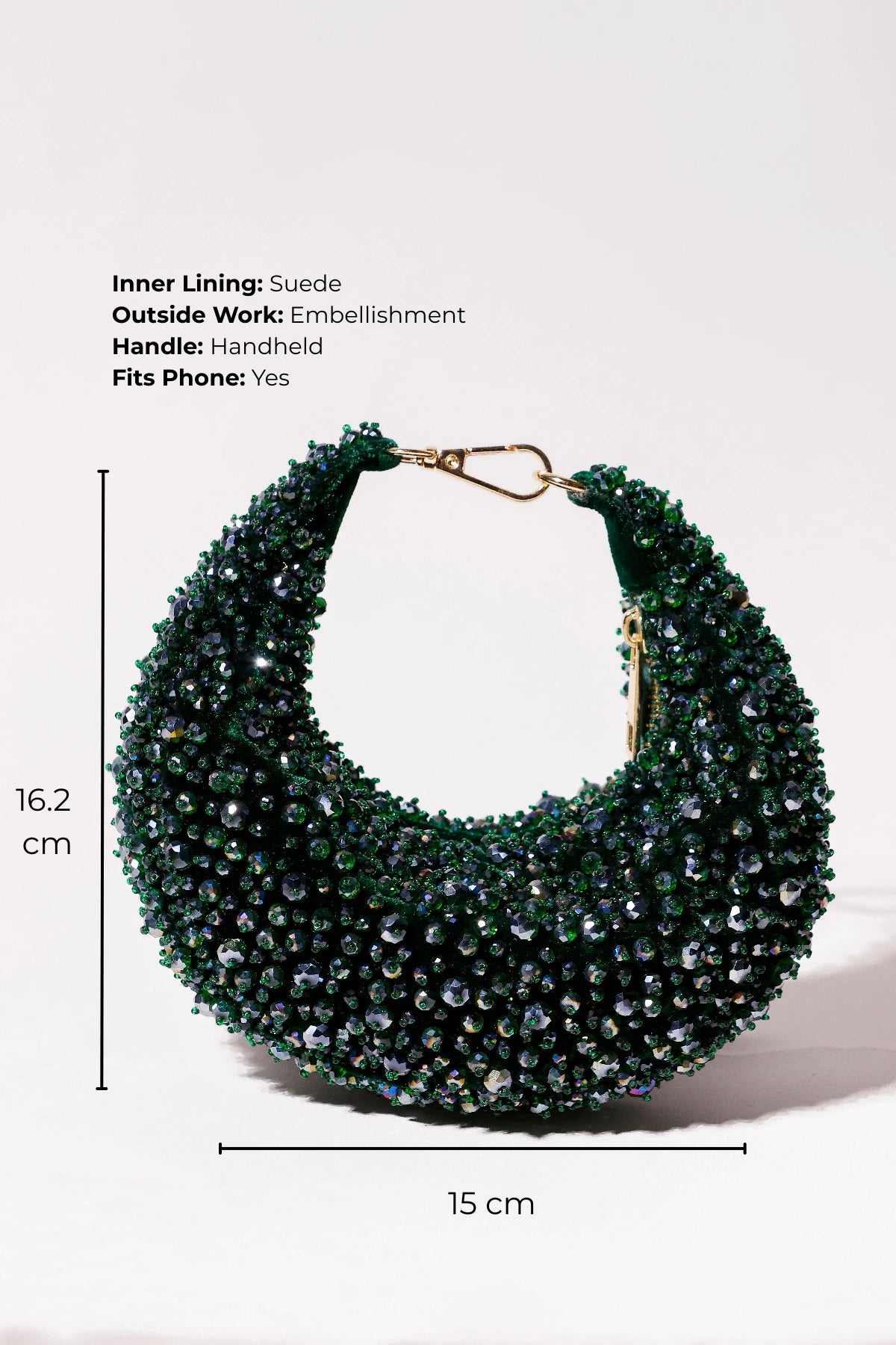 Handcrafted green hobo bag designed for weddings and celebrations
