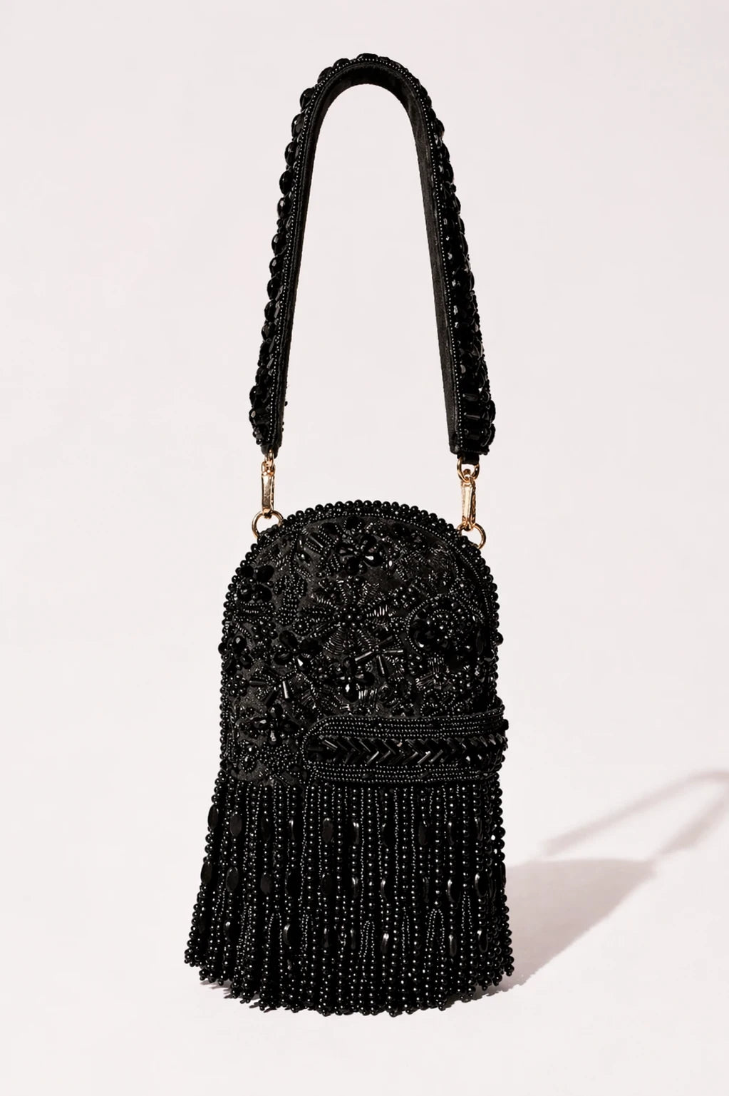 Enchant Black Clutch Bag with handcrafted black bead embroidery and fringe detailing
