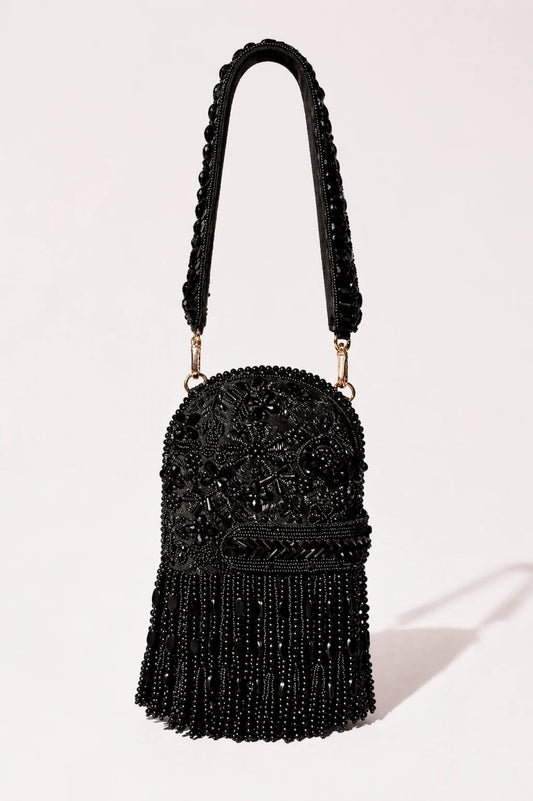 Enchant Black Clutch Bag with handcrafted black bead embroidery and fringe detailing
