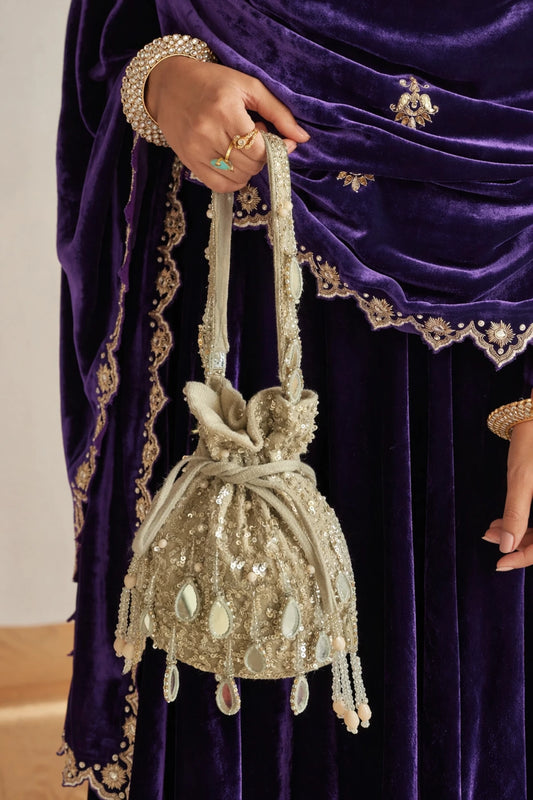 Ethnic silver potli bag for traditional Indian outfits