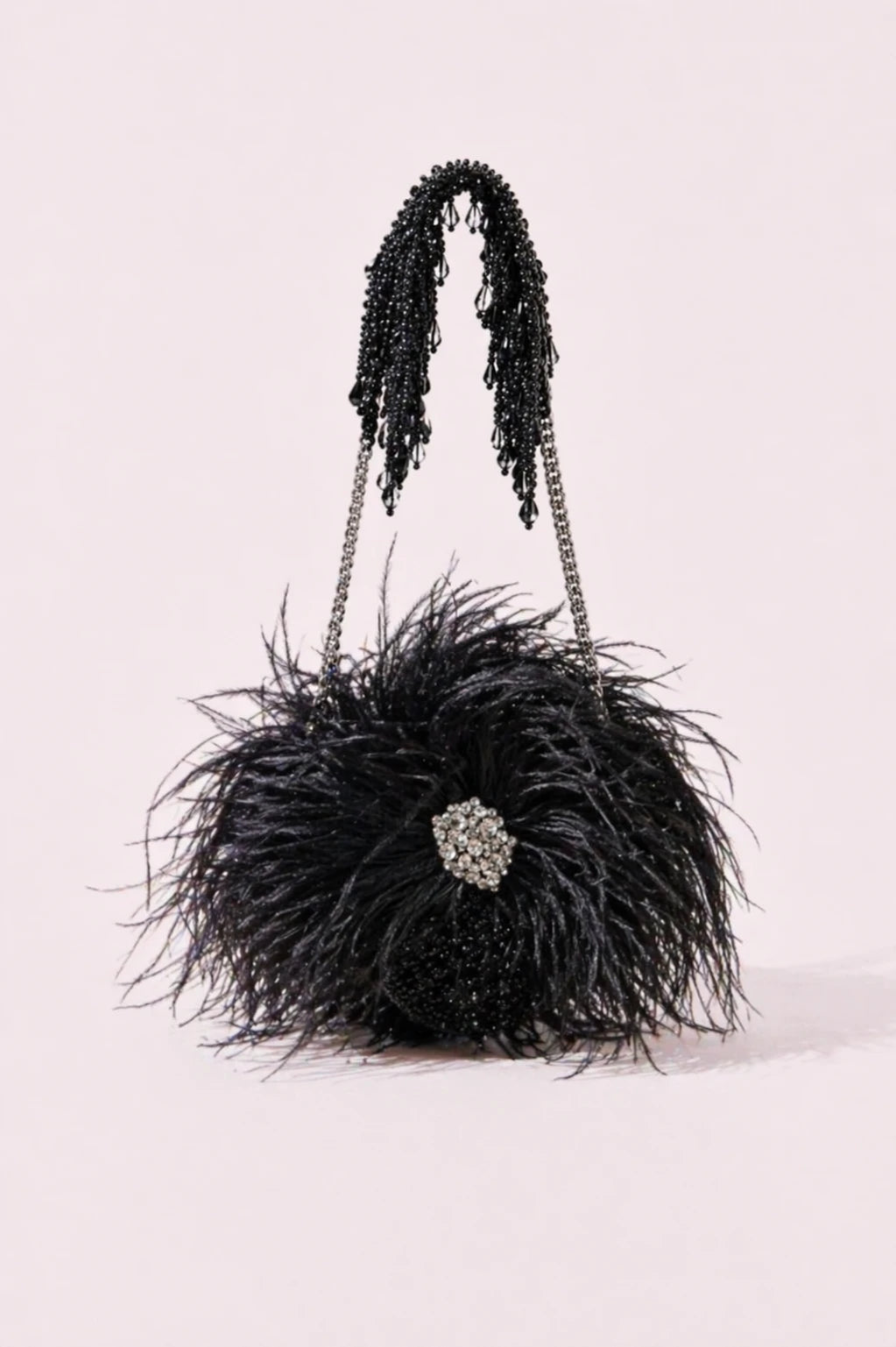 Feather Black Round Bag with handcrafted feather embellishments
