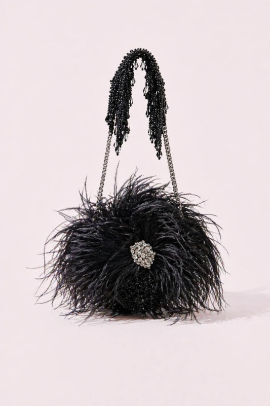 Feather Black Round Bag with handcrafted feather embellishments