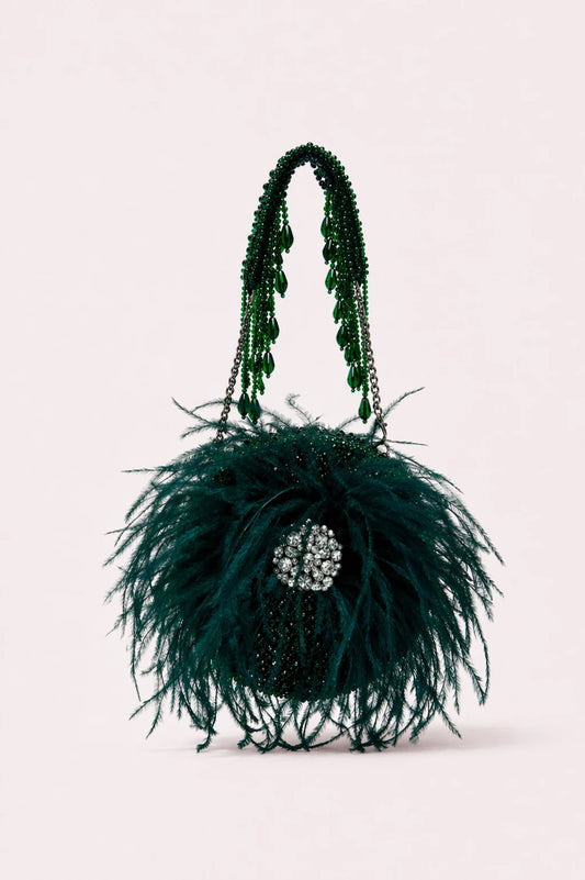 Feather Green Round Bag with statement embellishments