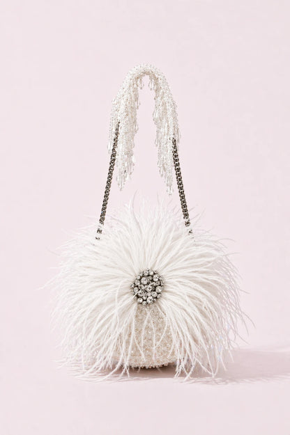 Feather White Round Bag with handcrafted feather and bead embroidery
