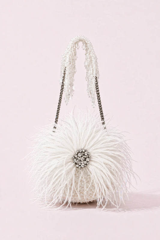 Feather White Round Bag with handcrafted feather and bead embroidery
