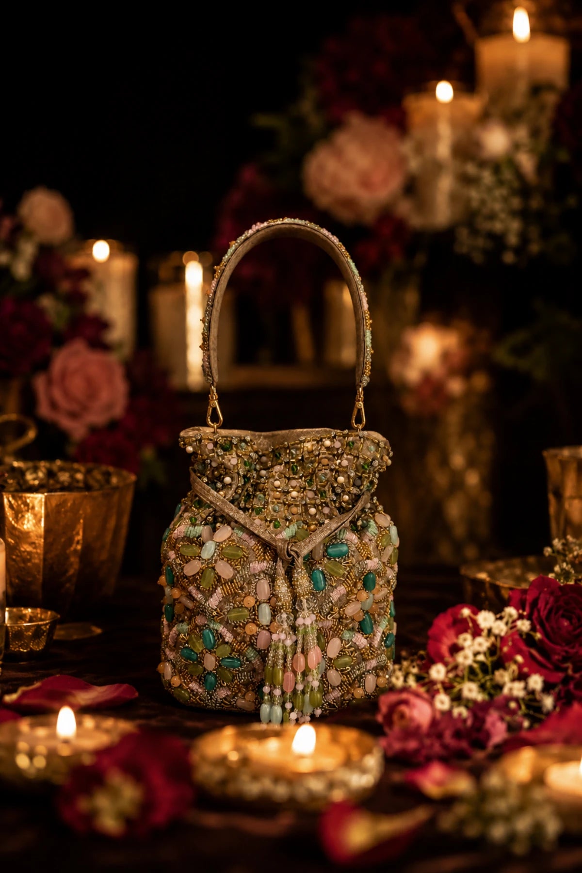 Floral beaded potli for Mehendi ceremonies and daytime weddings