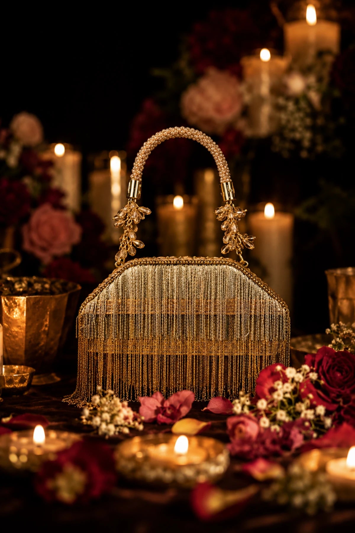 Gold chain fringe clutch bag with layered embellishments