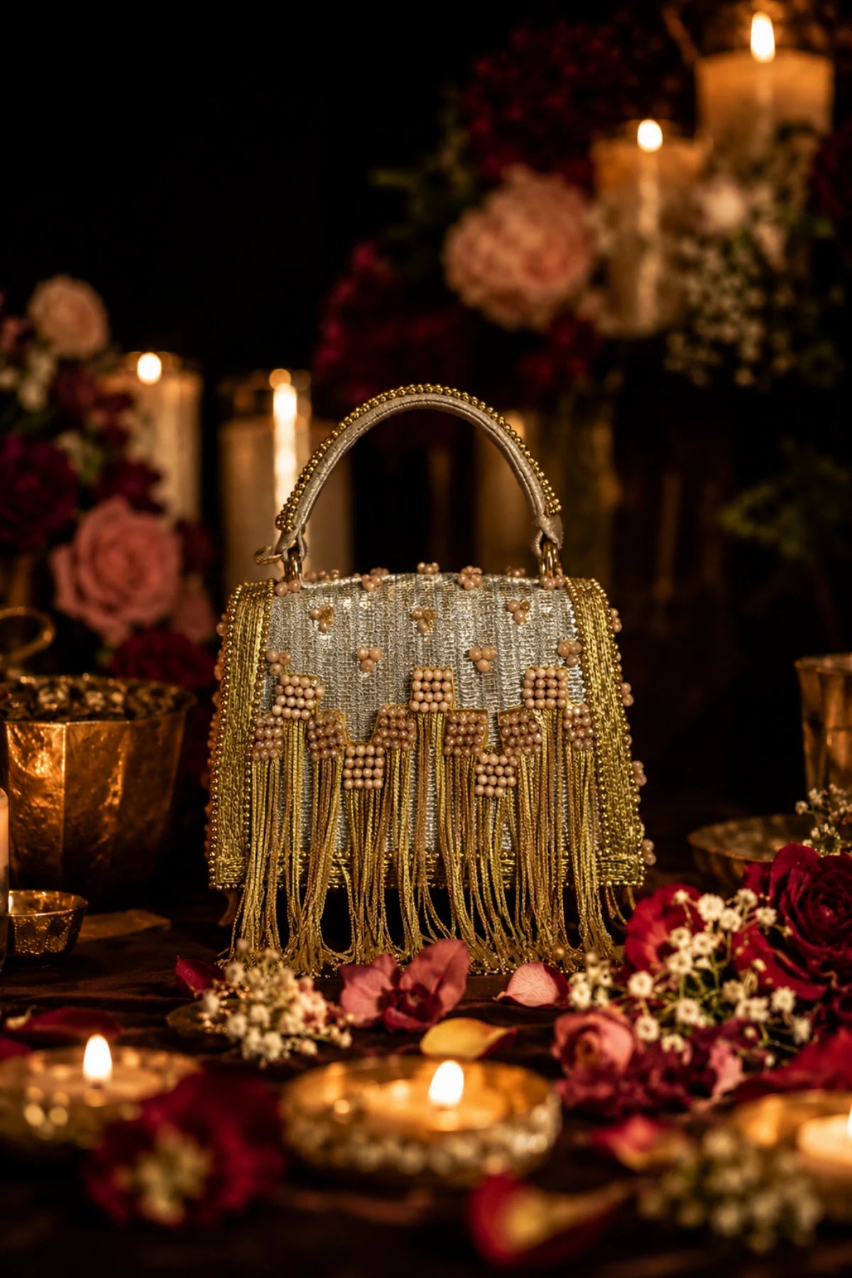 Gold and silver beaded mini bag with floral detailing