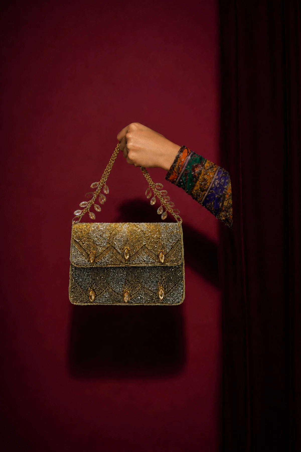 Gold and silver beaded shoulder bag for wedding occasions