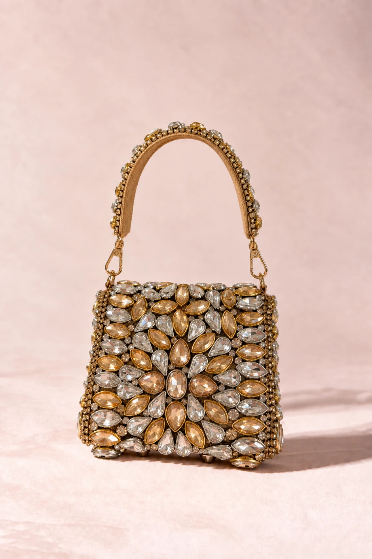 Statement gold and silver kundan-inspired wedding handbag with delicate crystal accents and handcrafted detailing.