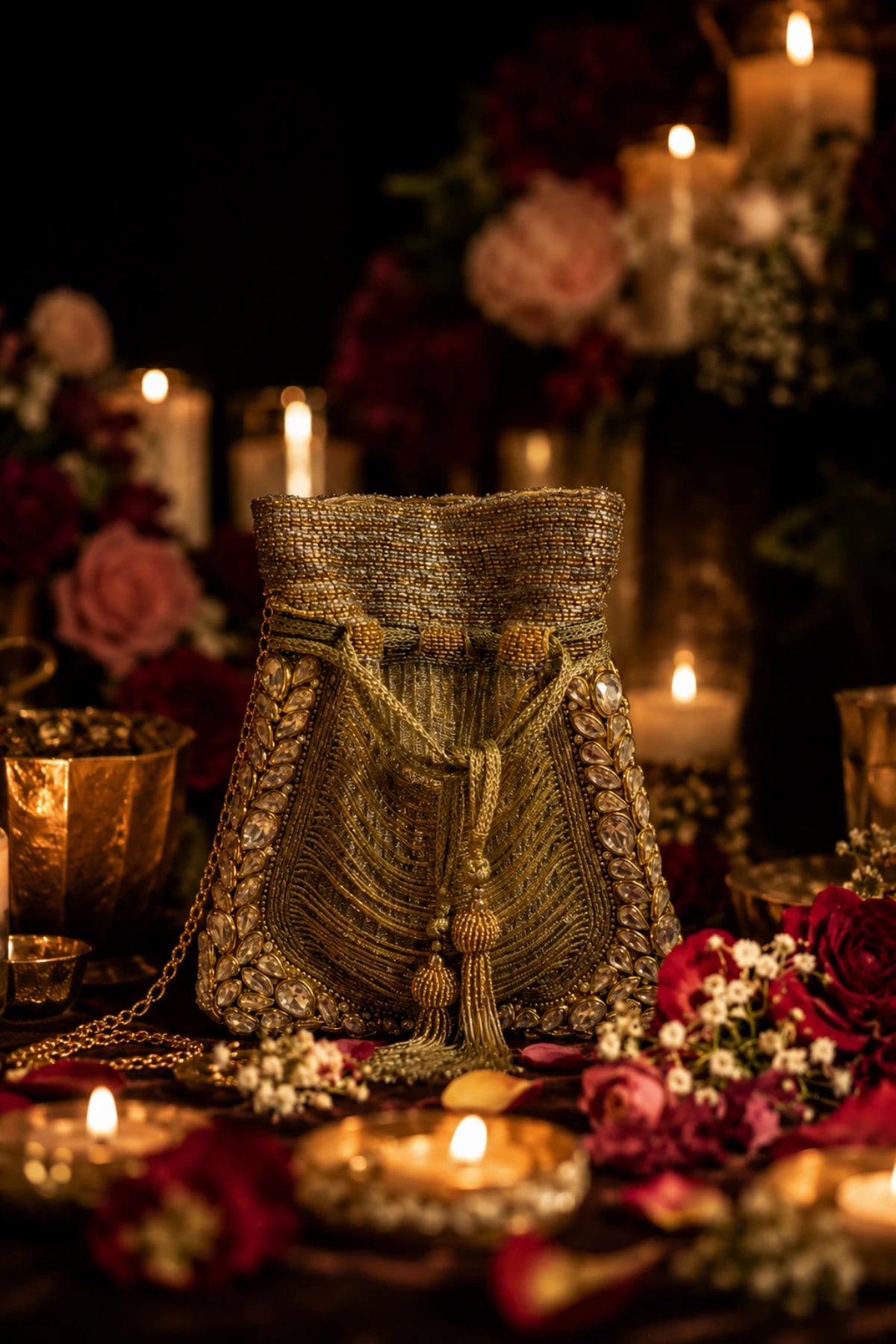 Golden wedding potli with detailed bead and threadwork