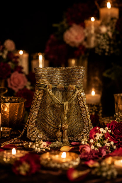 Golden wedding potli with detailed bead and threadwork