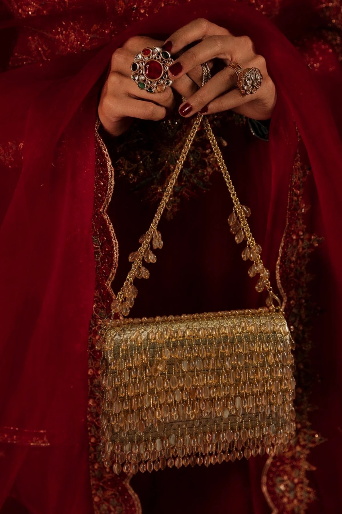 Golden beaded bag for Haldi ceremonies and daytime weddings