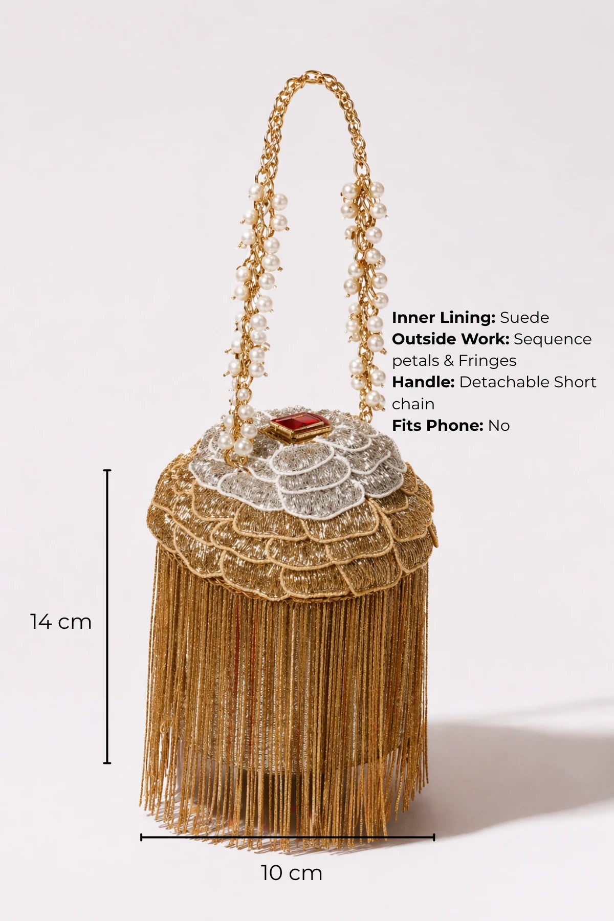 Golden bucket bag for women for wedding and festive occasions